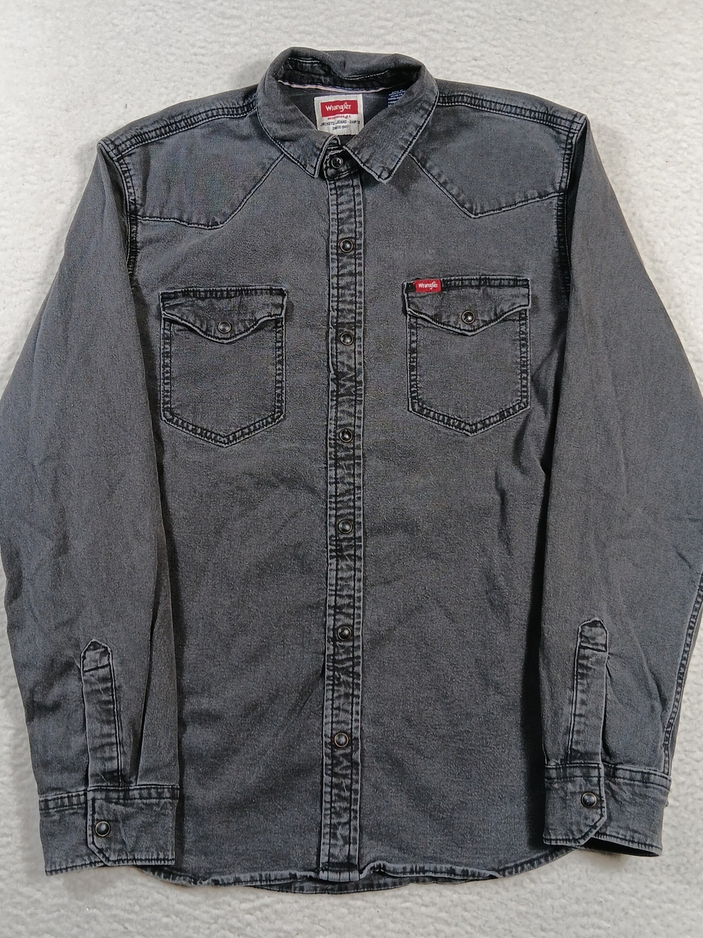 Wrangler Shirt Mens Medium Black Denim Pearl Snap Workwear Cowboy Rodeo Western